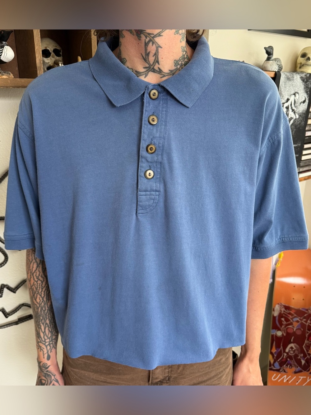 Vintage 90s Cropped Boxy Blue-Gray Cotton Polo ~ Size Medium